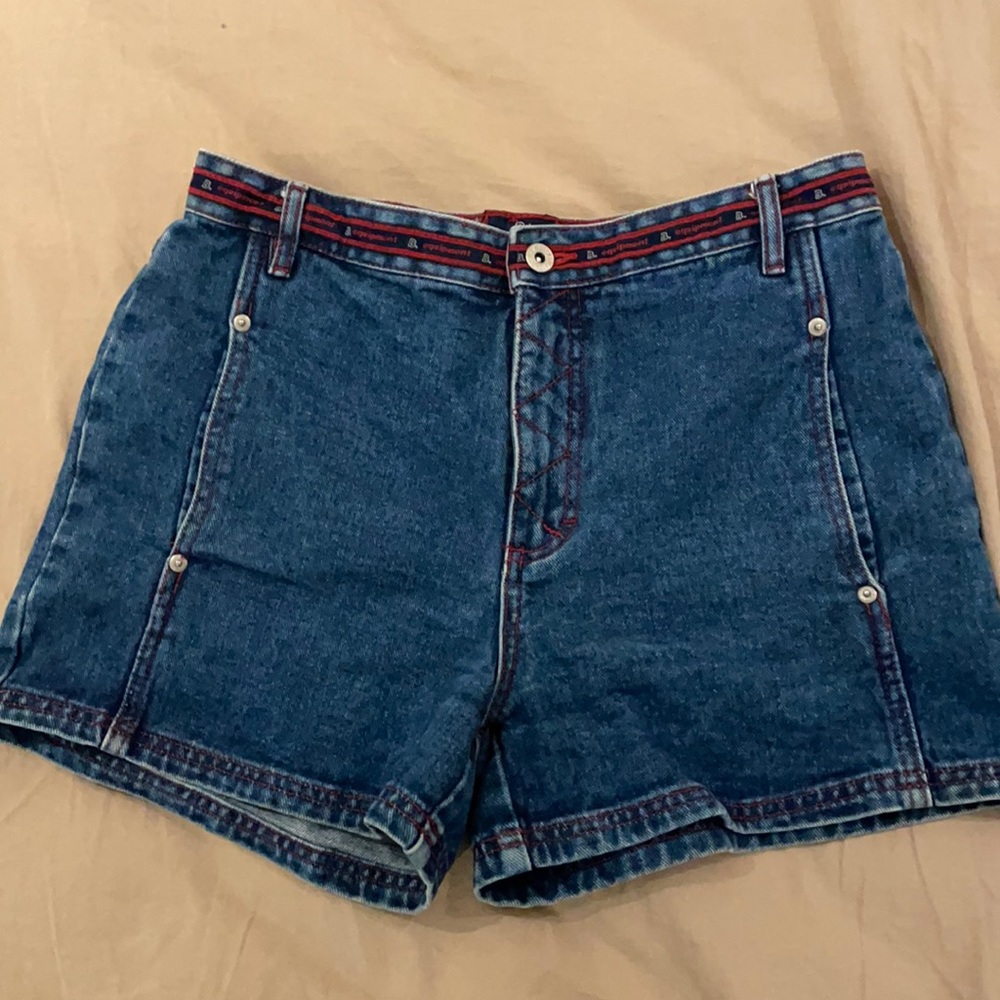 vintage denim mom shorts, with red detailing